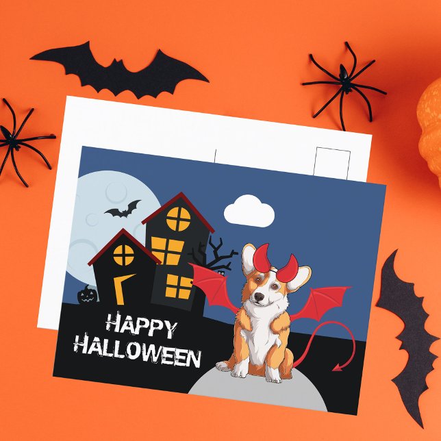 Postal Cute Halloween Corgi Diablo Costume casa embrujada (Subido por el creador)
