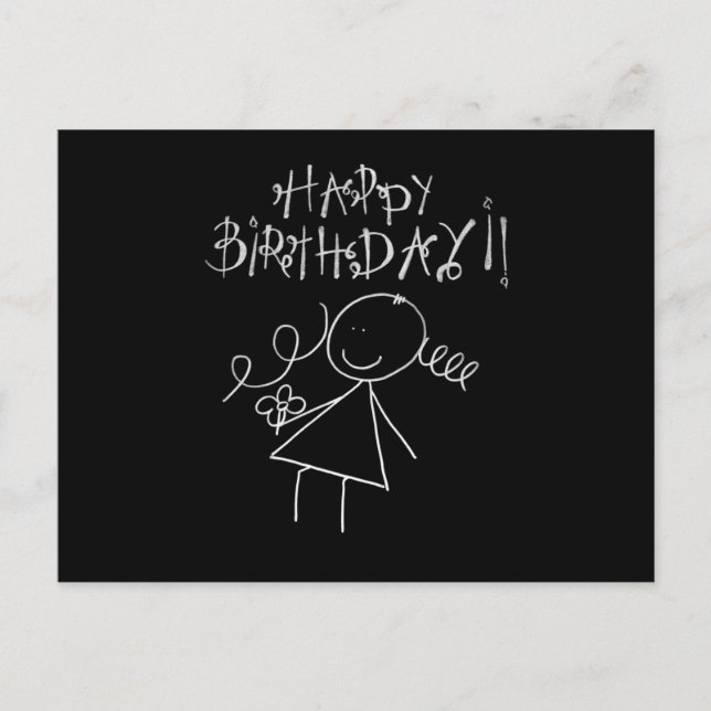 Postal Cute Happy Birthday Card, negro con gráfico blanco (Anverso)