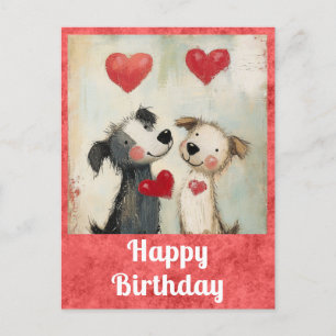 Postal Cute Happy Birthday Watercolor Puppy Dog Heart