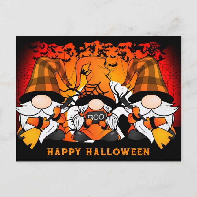 Postal Cute Happy Halloween Gnome Naranja Plaid (Anverso)