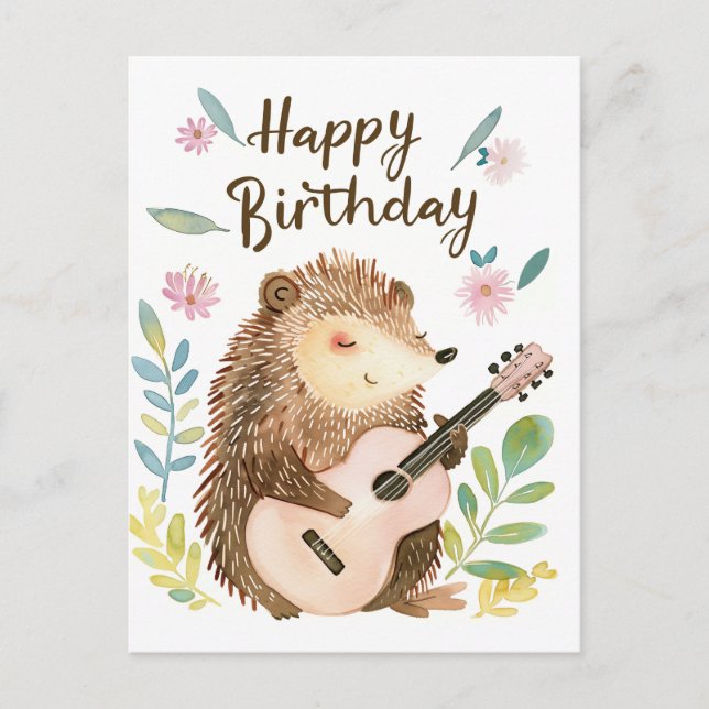 Postal Cute Hedgehog tocando guitarra Cumpleaños (Anverso)