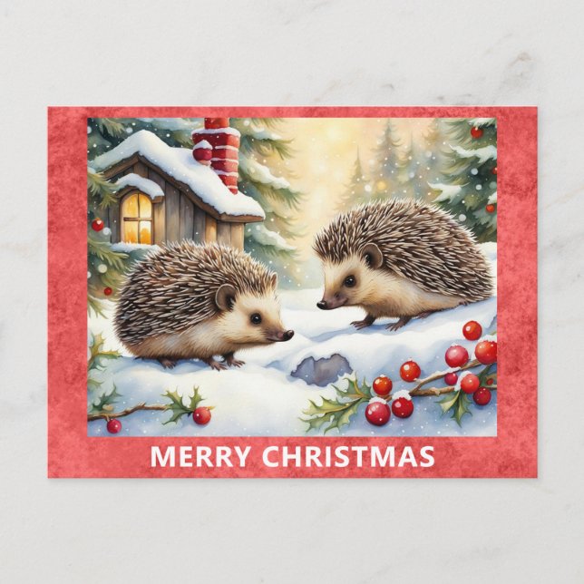 Postal Cute Hedgehog Woodland Forest Feliz Navidad (Anverso)