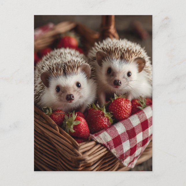 Postal Cute Hedgehogs buscando desde una cesta de fresas (Anverso)