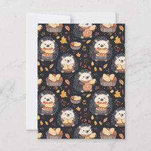 Postal Cute Hedgehogs con pan y hojas de otoño