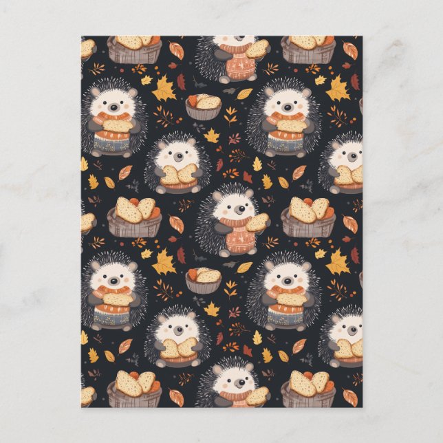Postal Cute Hedgehogs con pan y hojas de otoño (Anverso)