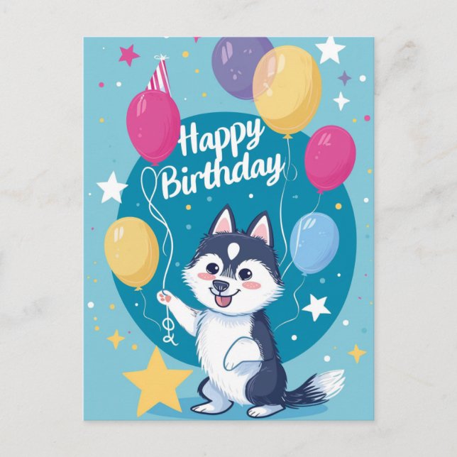 Postal Cute Husky Feliz Cumpleaños (Anverso)