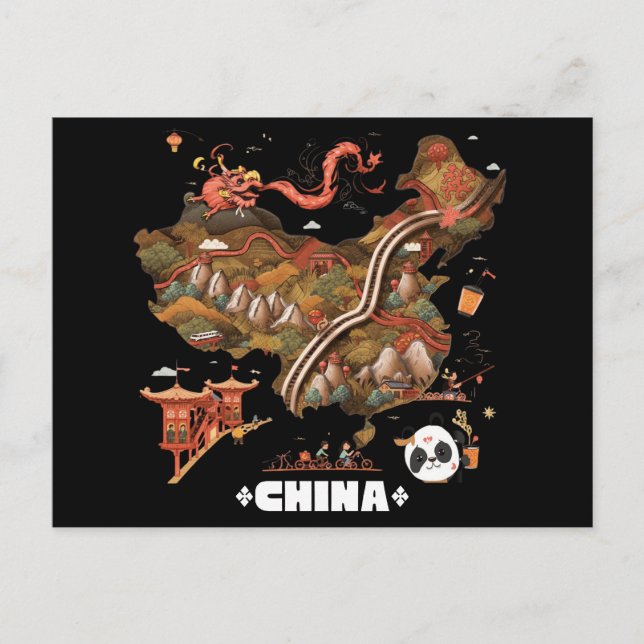 Postal Cute Illustrated China Map with Dragon and Panda (Anverso)