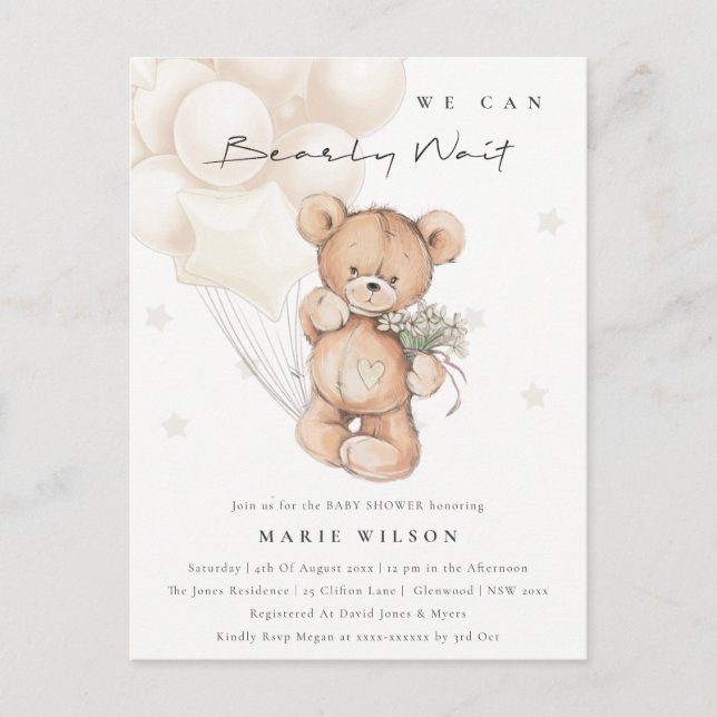 Postal Cute Ivory Bear Bearly Wait Balloon Baby Shower (Anverso)