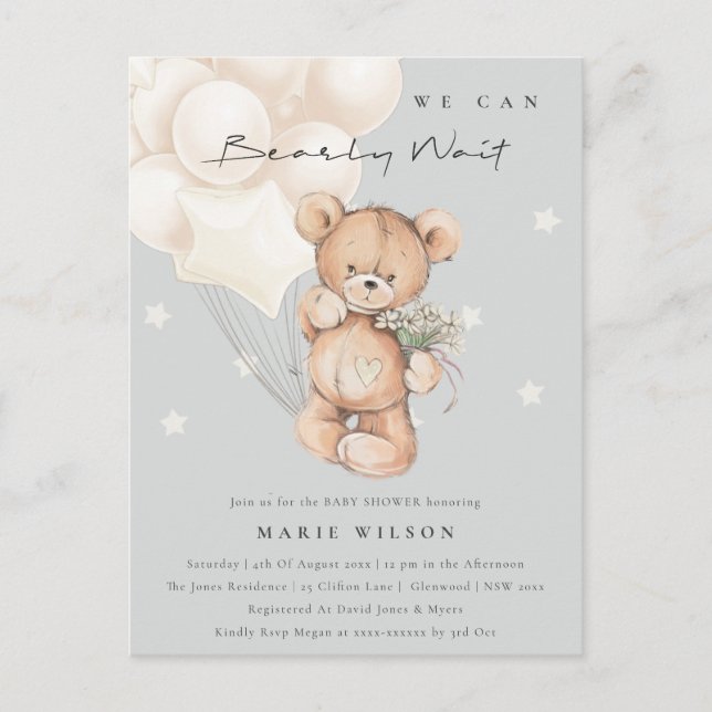 Postal Cute Ivory Bear Bearly Wait Balloon Baby Shower (Anverso)