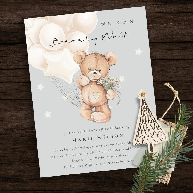 Postal Cute Ivory Bear Bearly Wait Balloon Baby Shower (Subido por el creador)