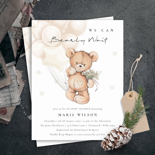 Postal Cute Ivory Bear Bearly Wait Balloon Baby Shower (Subido por el creador)