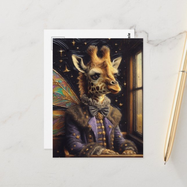 Postal Cute jirafa de la hada en el tren (Anverso/Reverso In Situ)