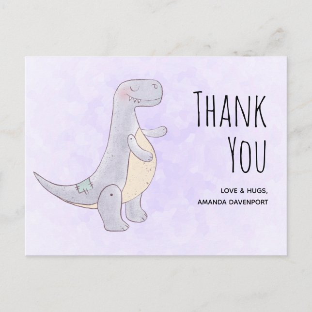 Postal Cute Juguete de Dinosaurio Gris Acuarela Gracias (Anverso)