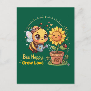 Postal Cute Kawaii Abeja Regando Girasol Abeja Feliz Crec