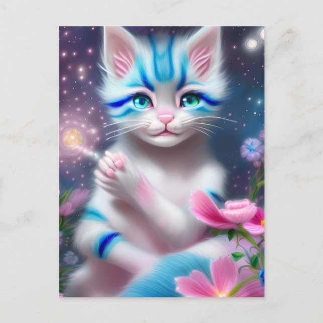 Postal Cute Kawaii bebé a rayas gatito rosa y azul (Anverso)
