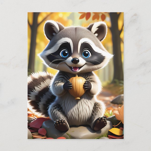 Postal Cute Kawaii estilo Racoon sosteniendo una bellota (Anverso)