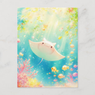Postal Cute Kawaii Raya Manta Arrecife Iluminado por el S