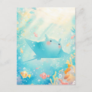 Postal Cute Kawaii Raya Manta Océano Iluminado por el Sol