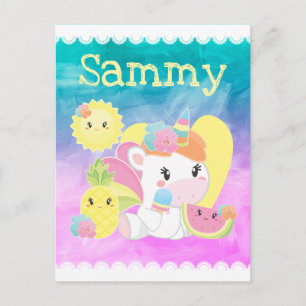 Postal Cute Kawaii Unicornio Tropical de Verano