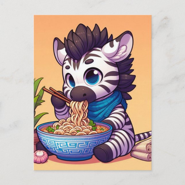 Postal Cute Kawaii Zebra Comiendo Ramen (Anverso)