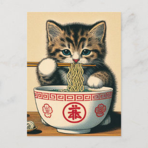 Postal Cute Kitten Comer Ramen Impresión de bloques de ma