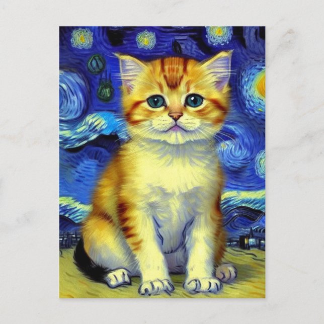 Postal Cute Kitten Starry Night Van Gogh (Anverso)
