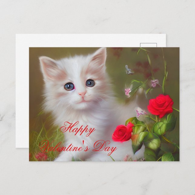 Postal Cute kitten y rosas valentina (Anverso / Reverso)