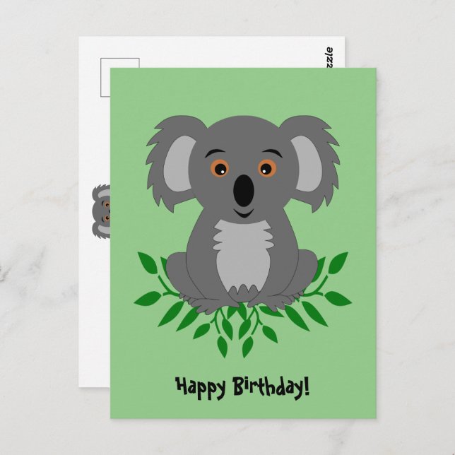 Postal Cute koala con eucalipto cumpleaños infantil (Anverso / Reverso)
