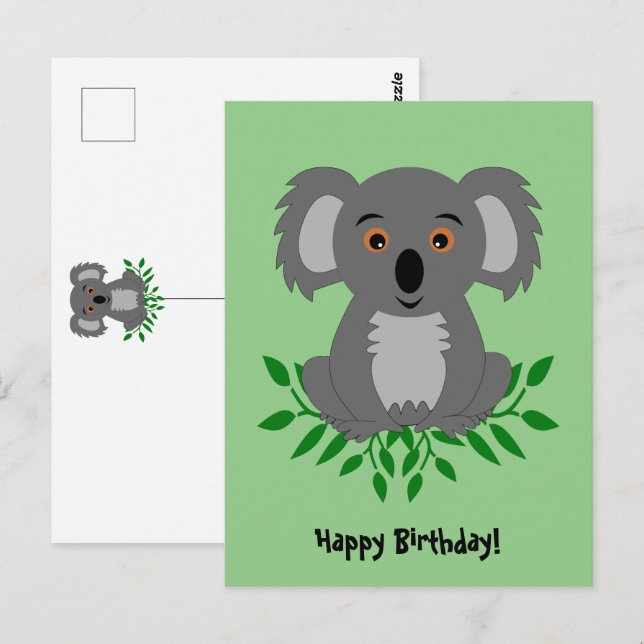 Postal Cute koala con los niños eucaliptos cumpleaños (Anverso / Reverso)