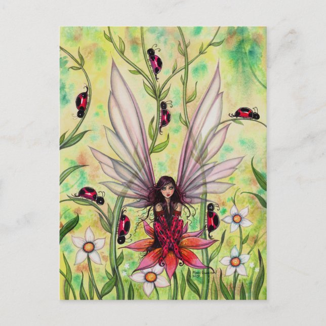 Postal Cute Ladybug Fairy Fantasy Art Ilustracion (Anverso)