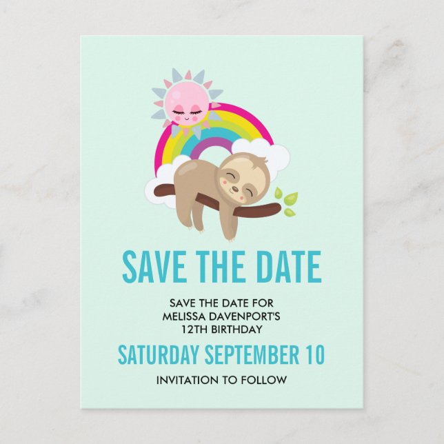 Postal Cute Lazy Sloth with Sun & Rainbow Save the Date (Anverso)