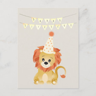 Postal Cute León con sombrero de fiesta Banner de cumplea