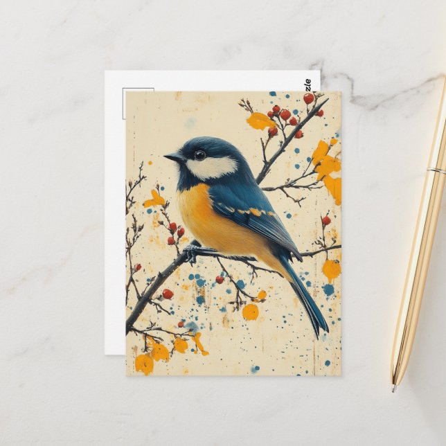 Postal Cute Little Bird on a Branch (Anverso/Reverso In Situ)
