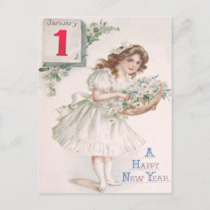 Postal Cute Little Girl Basket Daisy Daisies