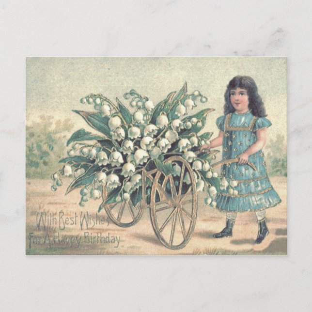 Postal Cute Little Girl Wheelbarrow Lily of the Valley (Anverso)