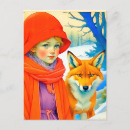 Postal Cute Little Girl With Fox Chritmas
