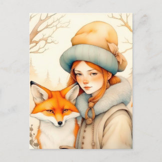 Postal Cute Little Girl With Fox Chritmas