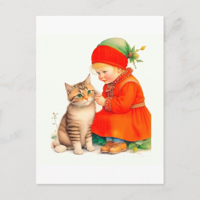 Postal Cute Little Girl With Kitten Chritmas  (Anverso)