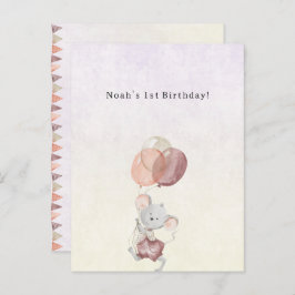 Postal Cute Little Mouse With Pink Balloons Invitation