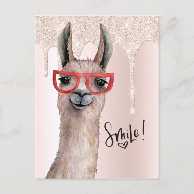 Postal Cute Llama Girly Purpurina Rosa Pensando En Ti (Anverso)