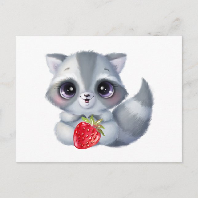 Postal Cute Mapache Bebé Acuarela con Fruta de Fresa (Anverso)