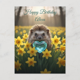 Postal Cute March Hedgehog with Aquamarine Heart