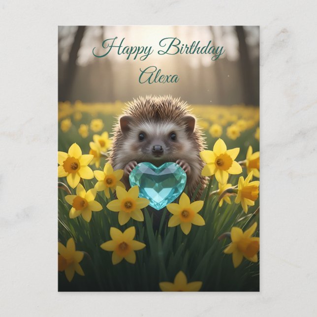 Postal Cute March Hedgehog with Aquamarine Heart (Anverso)