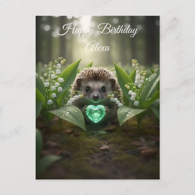 Postal Cute May Hedgehog con corazón de esmeralda (Anverso)