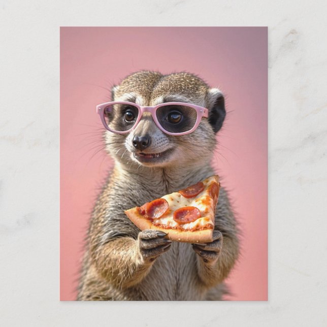 Postal Cute Meerkat con gafas y pizza (Anverso)