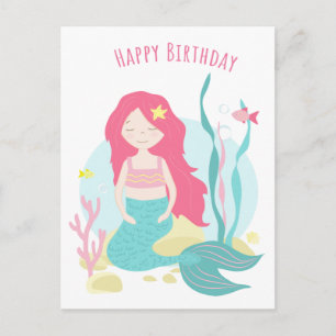 Postal Cute Mermaid Cumpleaños rosa y menta para niña
