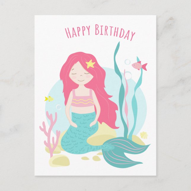 Postal Cute Mermaid Rosa y Menta Cumpleaños para Niña  (Anverso)
