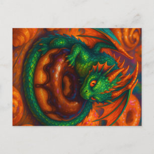 Postal Cute Mini Dragón Verde y Arte Fantástico de Donut