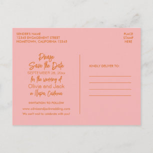 Postal Cute Modern Minimalista Naranja Rosa Save the Date