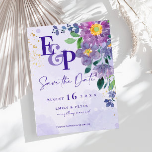 Postal Cute Monograma Boda Floral Púrpura Guardar La Fech